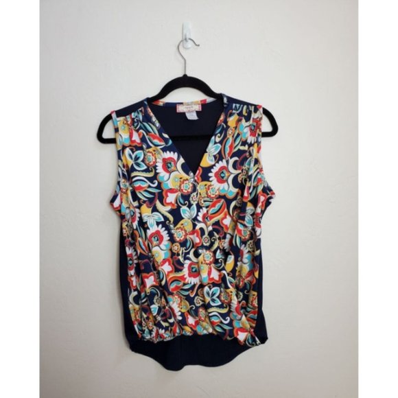 C'est La Vie Anthropologie Top Size L Surplice crossover sleeveless navy floral - Picture 1 of 4